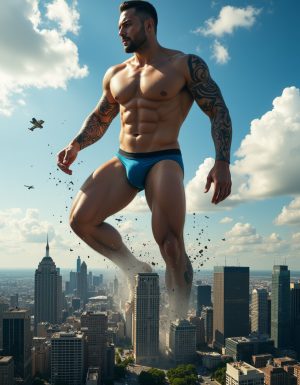 A massive, muscular 25-year-old man towering over a densely packed modern city. His body is extremely defined with visible abs, powerful legs, and large arms covered in tribal tattoos. He is wearing only a fitted brief-style underwear, emphasizing his muscular physique. The giant is actively crushing skyscrapers beneath his feet, with debris flying into the air as his immense size causes destruction. Tiny cars and people are scattered below, emphasizing the scale of his size. The lighting is dynamic, with sunlight casting dramatic shadows on his body and the buildings. The scene is cinematic, with a mix of realism and epic proportions, featuring a vivid, detailed cityscape with scattered clouds in the background.