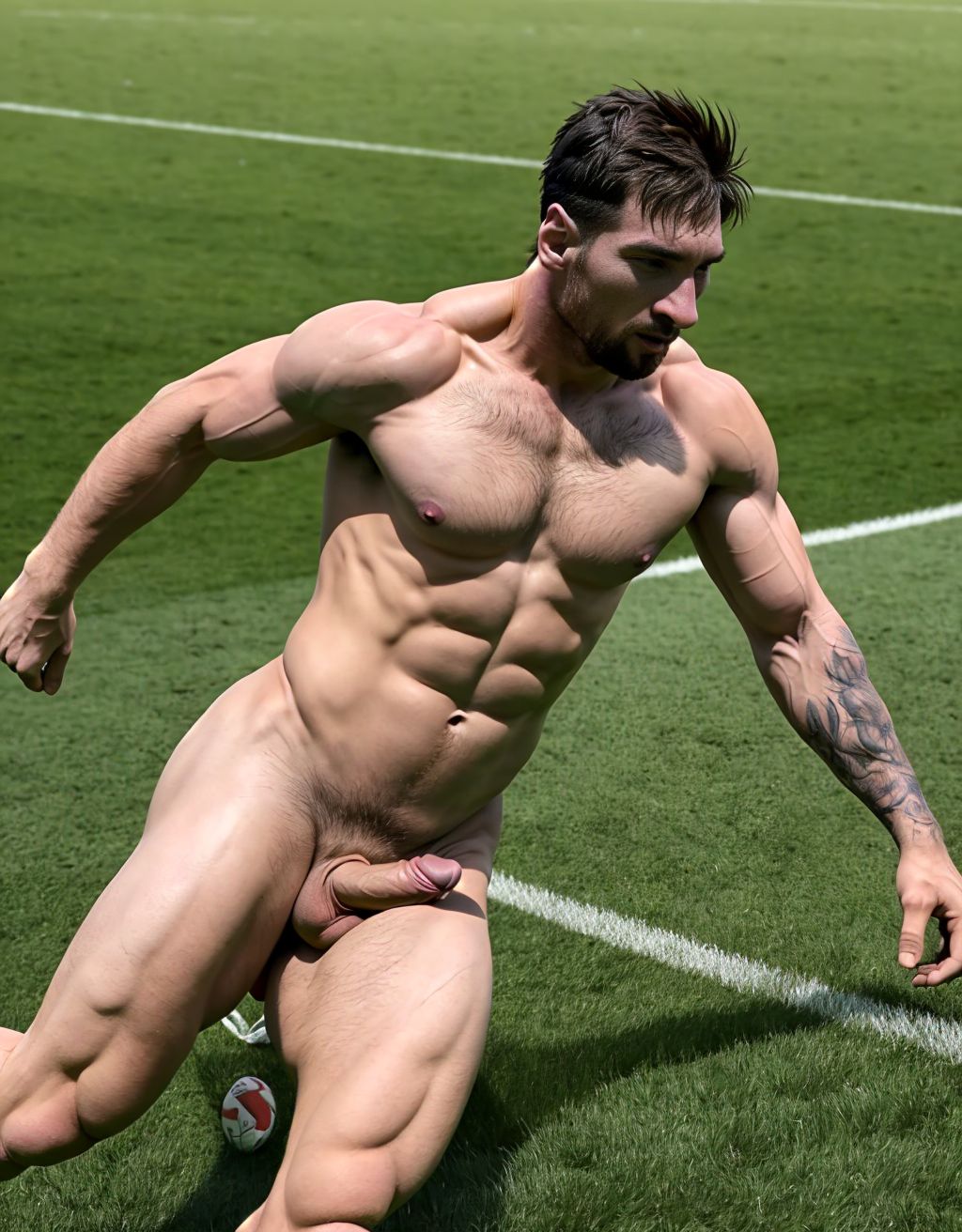 Lionel Andrés Messi Cuccittini está totalmente desnudo. Tiene pene bonito y grande. Tiene los testículos grandes y bonitos. Está de pie en el césped del campo de fútbol. Está rodeado de hombres desnudos futbolistas totalmente desnudos con pene y testículos, corriendo atléticamente.