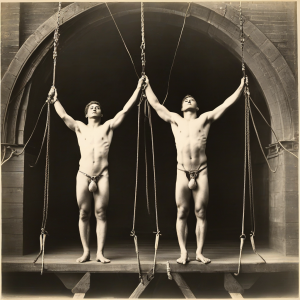 2 naked men tied hanging. Front look.