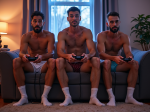 Tres hombres en ropa interior y calcetines, jugando a videojuegos 