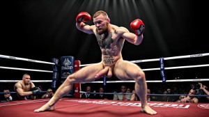 Foto muy realista texturas 8k. Conor McGregor está totalmente desnudo y de cuerpo entero, tiene un pene grande y bonito, tiene testículos grandes y con vello. Está totalmente desnudo de cuerpo entero. Tiene mucho vello en el pecho, piernas y brazos. Está en un gimnasio de boxeo rodeado de hombres boxeadores totalmente desnudos boxeando entre ellos. Amor y pasión.