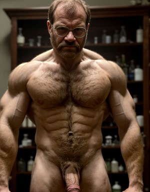 Louis Pasteur desnudo musculoso. Tiene el pecho velludo y brazos velludos. Está de pie. Está totalmente desnudo musculoso. Tiene pene grande erecto. Tiene testículos grandes. Tiene mucho vello y pelo. Foto muy realista texturas 8k. Está rodeado de vitrinas con microscopio tubo de ensayo probeta termómetro báscula laboratorio. Rodeado de dos hombres desnudos velludos. Químico de origen francés especializado en bacteriología.