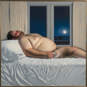 Hombre desnudo, gordo, con vello en la espalda, tumbado durmiendo de espaldas encima de una cama, estilo hiperrealista, con iluminación azulada, con ventana, de noche, luna se ve en la ventana 