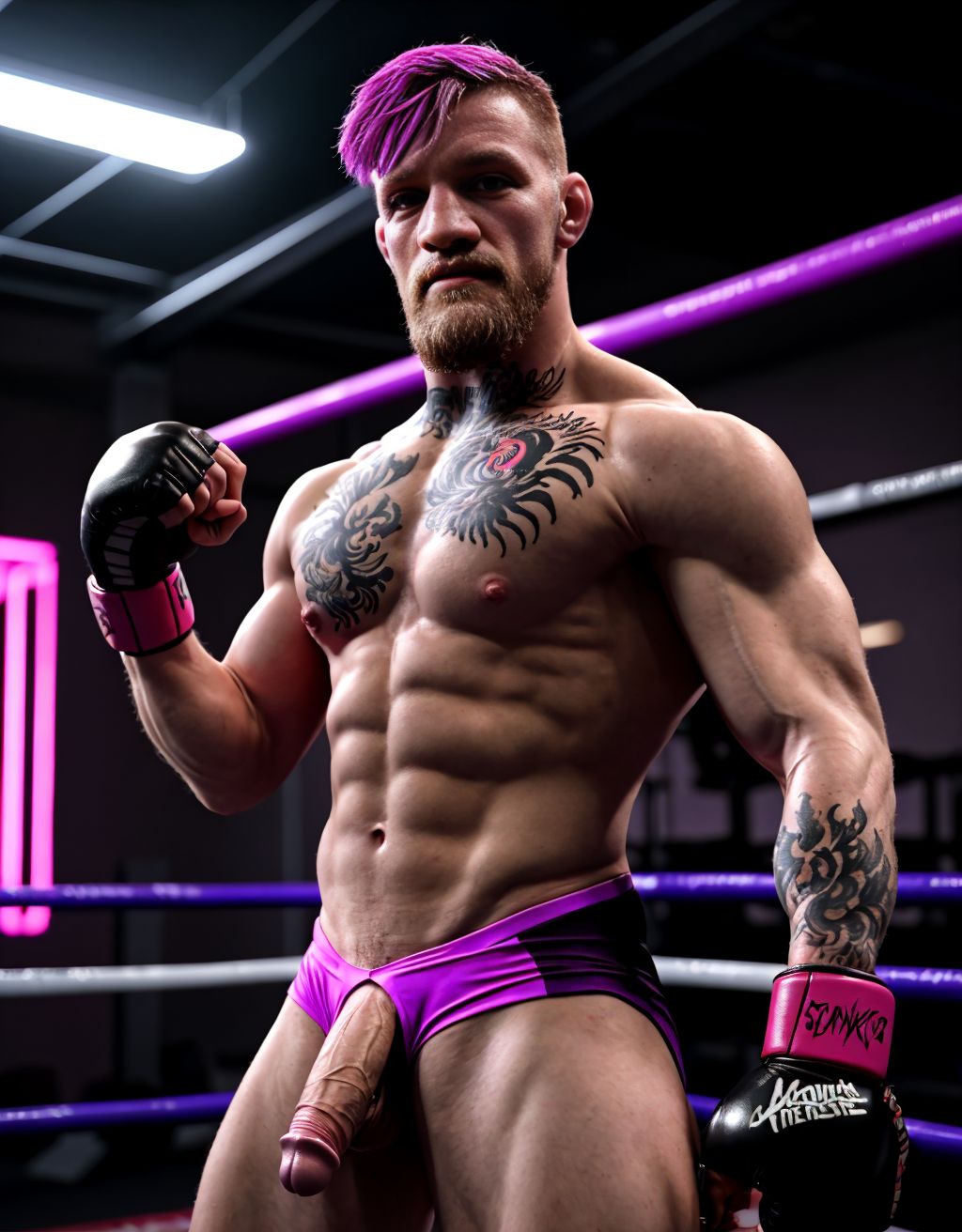 Foto muy realista texturas 8k. Conor McGregor está totalmente desnudo, tiene un pene grande y bonito, tiene testículos grandes y con vello. Está totalmente desnudo de cuerpo entero. Tiene mucho vello en el pecho, piernas y brazos. Está en un gimnasio de boxeo rodeado de boxeadores totalmente desnudos boxeando entre ellos. Amor y pasión.