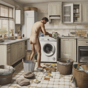 Hombre desnudo haciendo labores domesticas