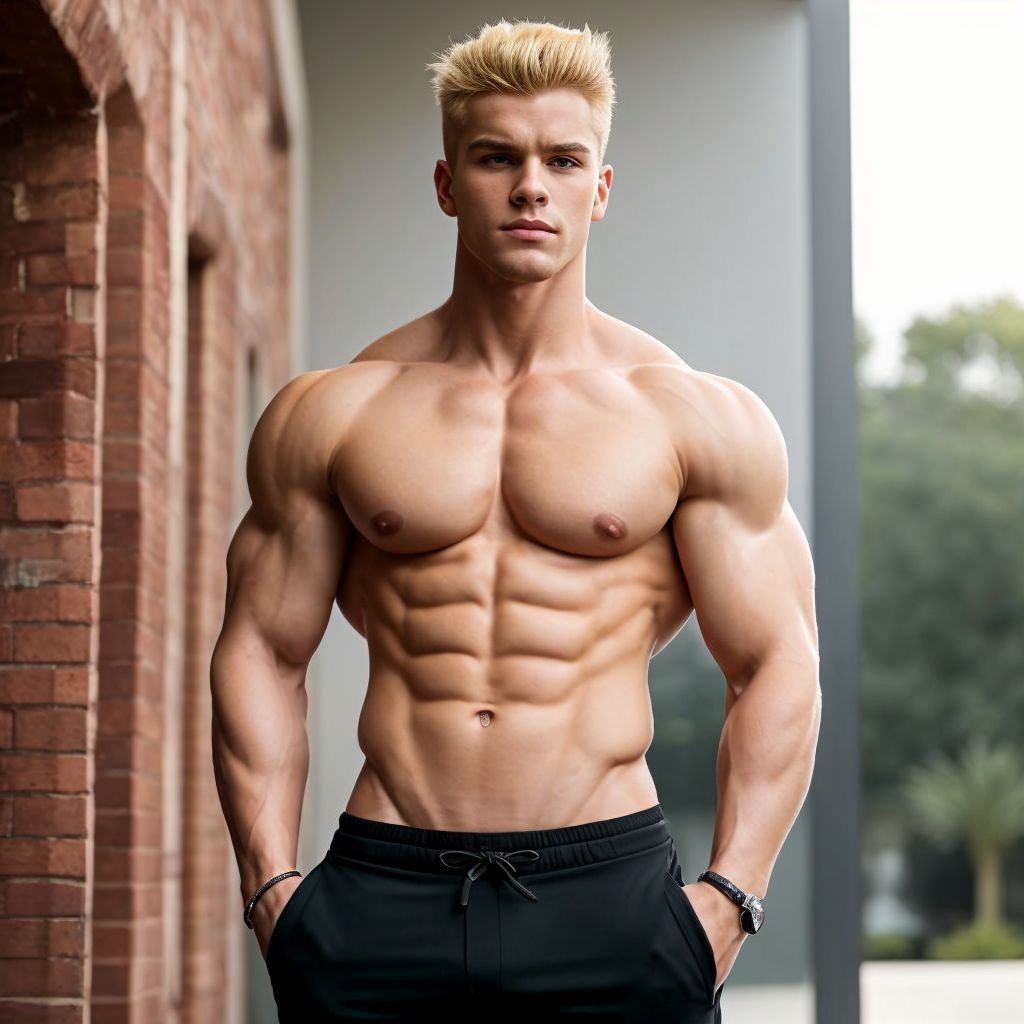 A portrait of a dominant 19-year-old man with sculpted muscles and striking blonde hair, exuding confidence. He wears stylish, fitted clothing that accentuates his physique, showcasing an air of authority and allure. The lighting highlights his strong jawline and intense gaze, creating a captivating and commanding presence. In the background, subtle luxurious elements suggest his findom lifestyle, enhancing the overall engaging atmosphere of the image.