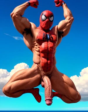 Spiderman velludo musculoso totalmente desnudo volando acostado en horizontal sobre una nube en cielo azul. Tiene pene grande .