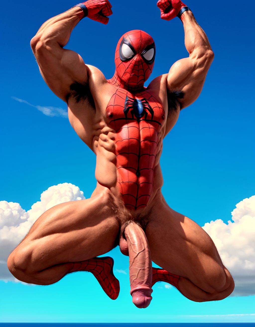 Spiderman velludo musculoso totalmente desnudo volando acostado en horizontal sobre una nube en cielo azul. Tiene pene grande .