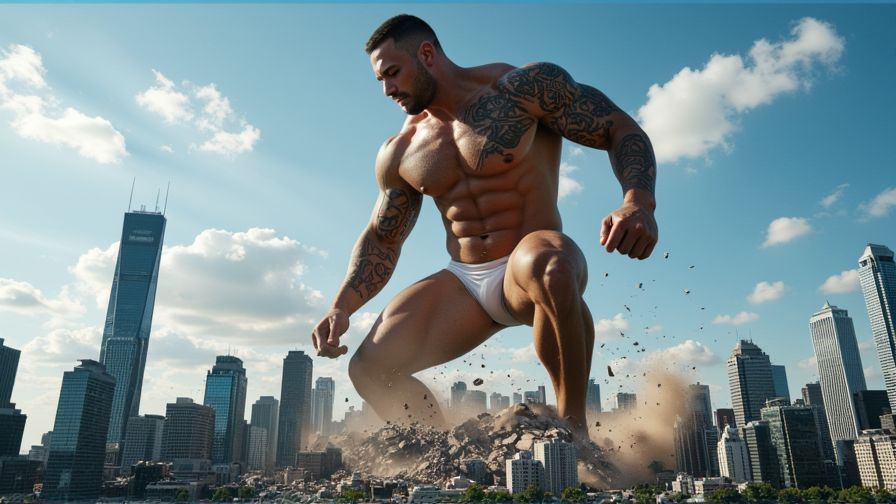 A massive, muscular 25-year-old man towering over a densely packed modern city. His body is extremely defined with visible abs, powerful legs, and large arms covered in tribal tattoos. He is wearing only a fitted brief-style underwear, emphasizing his muscular physique. The giant is actively crushing skyscrapers beneath his feet, with debris flying into the air as his immense size causes destruction. Tiny cars and people are scattered below, emphasizing the scale of his size. The lighting is dynamic, with sunlight casting dramatic shadows on his body and the buildings. The scene is cinematic, with a mix of realism and epic proportions, featuring a vivid, detailed cityscape with scattered clouds in the background.