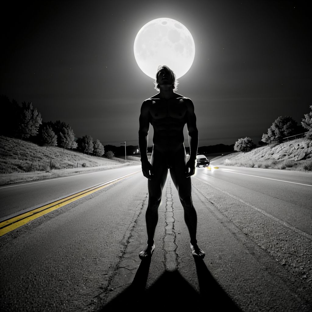 Un hombre desnudo bajo la luz de la luna, haciendo autoestop en una carretera desierta. Su piel brilla con la luz de la noche, y su cuerpo musculoso se destaca en la oscuridad. Un coche se acerca, los faros iluminan su figura, creando un ambiente intrigante y emocionante. La escena refleja una mezcla de vulnerabilidad y deseo, mientras la brisa nocturna acaricia su piel expuesta.