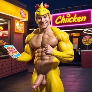 Hombre musculoso con disfraz de pollo ajustado, mostrando piel, pene visible, delante de un restaurante de comida rápida, sonriendo seductoramente, cartel de promoción en mano, fondo de luces neon, ambiente animado.