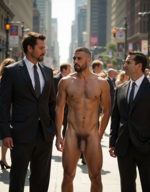 A dynamic scene set in a bustling urban environment, capturing the daring contrast of a naked man showcasing his impressive erection amidst a lively public setting. In the foreground, the man stands confidently, his posture exuding a bold defiance. His muscular physique is highlighted by the sunlight, accentuating every contour and detail. Close by, two impeccably dressed executive men, adorned in sharp suits and ties, observe him intently. Their expressions blend intrigue and surprise, caught off guard in their polished demeanor. The backdrop features the city's fast-paced life, with blurred figures moving past, unaware of the provocative tableau unfolding.