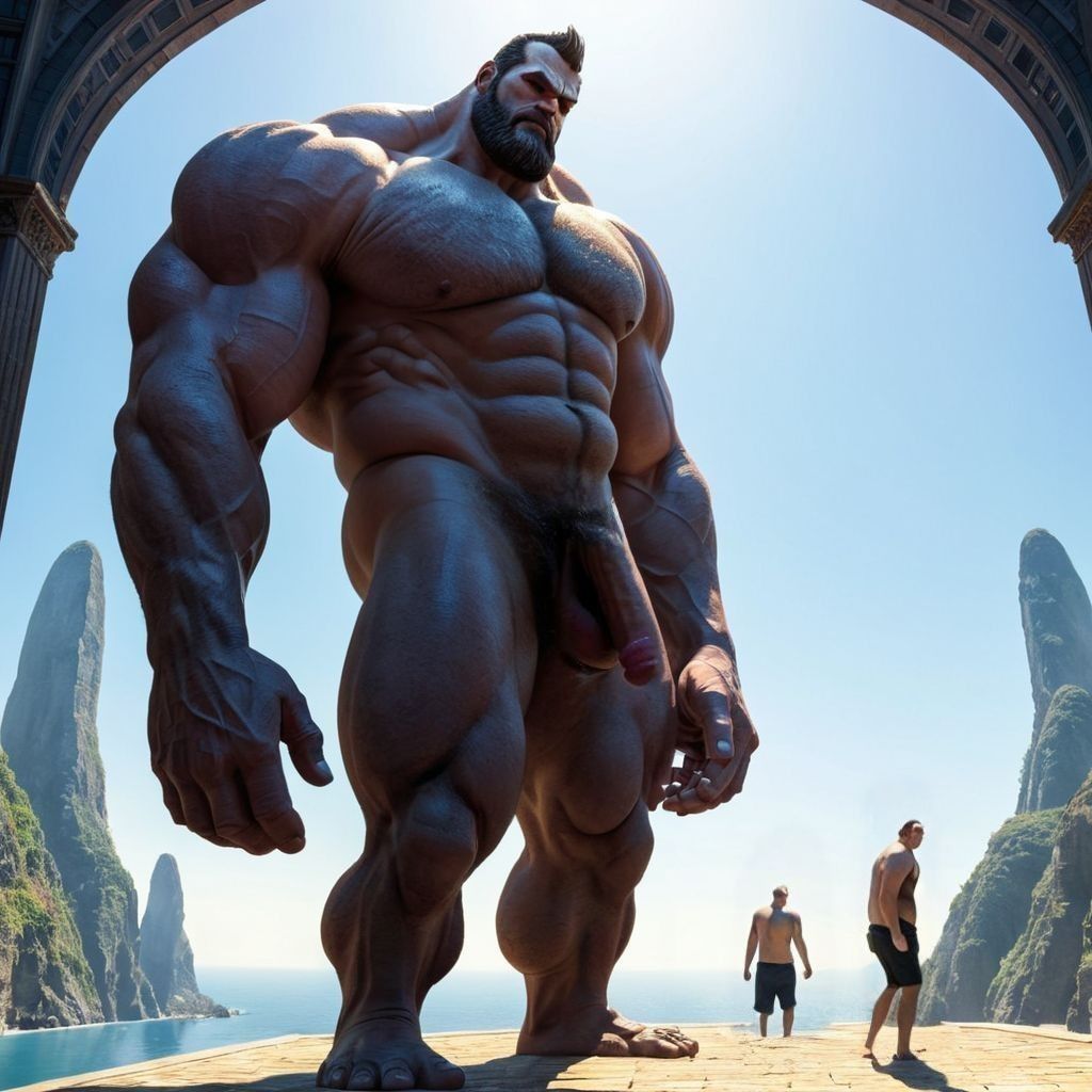 fantasy, giant man, civilization, size difference, penis visible