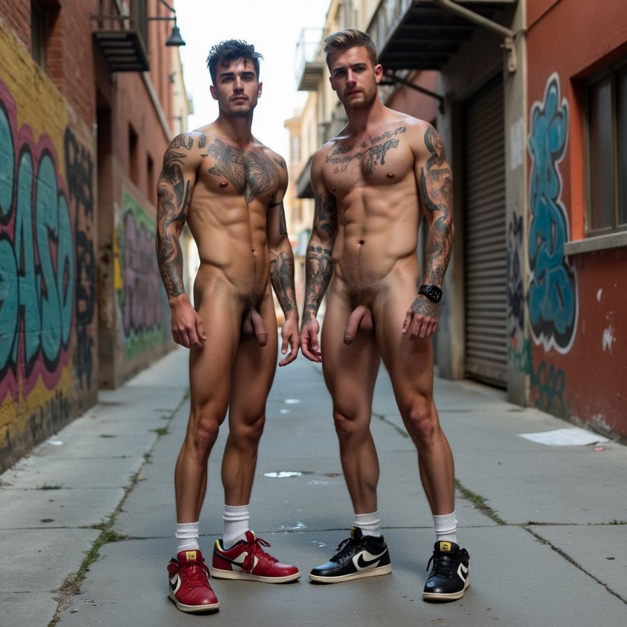 A group of two scally men 21-year-old with well-defined muscles, naked wearing only trendy Nike sneakers. Both of them are shirtless, proudly displaying their inked bodies and visible penis with tattoos covering their arms, chest, and back. With a confident swagger, they stand in a gritty urban alley, surrounded by colorful graffiti and industrial architecture. Their tough and edgy appearance enhances their bad boy vibe as they exude masculinity and attitude.