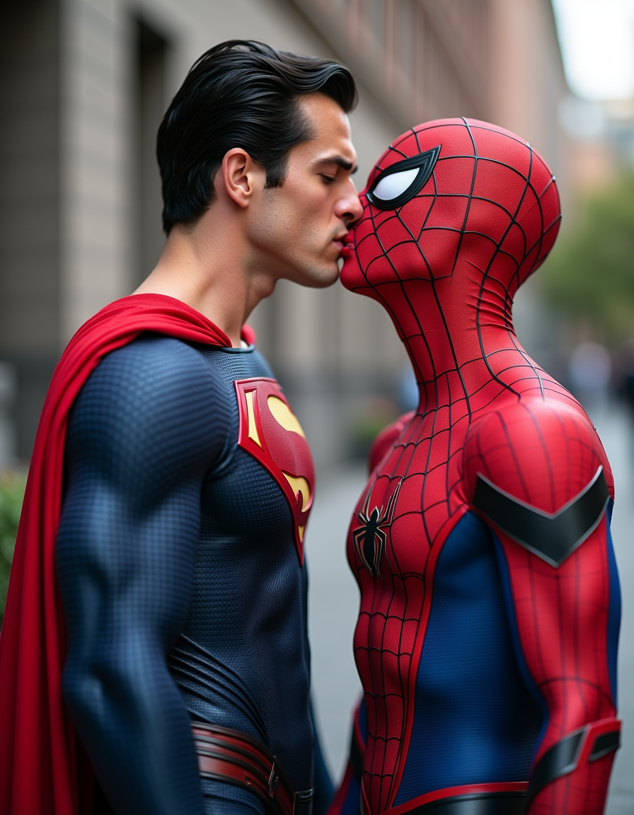 superman and spiderman kissing