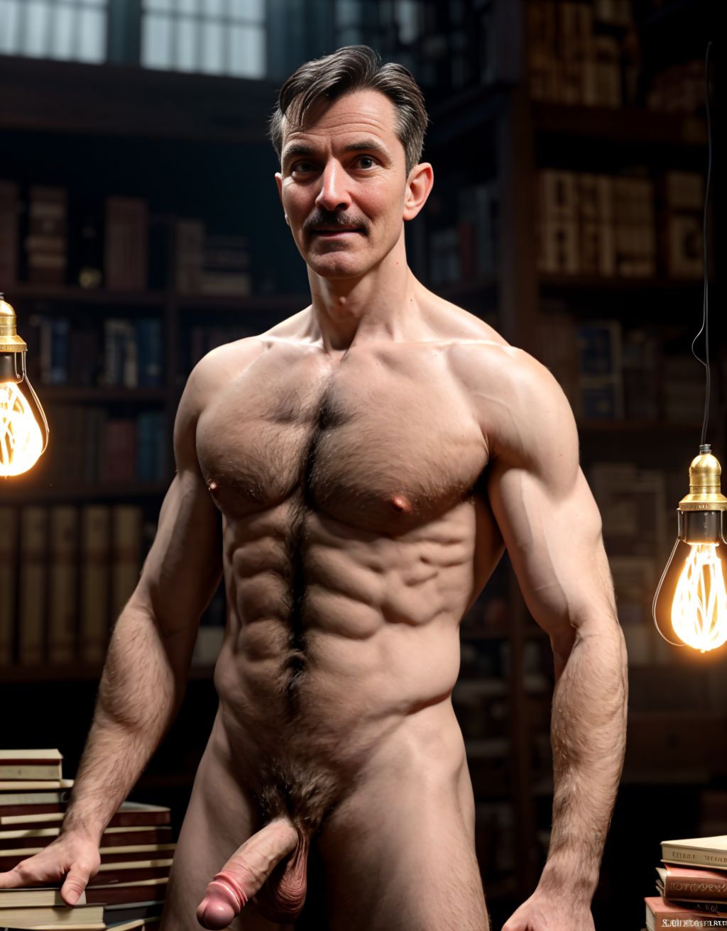 Nikola Tesla desnudo. Tiene el pecho velludo y brazos velludos. Está de pie de lado. Está totalmente desnudo musculoso. Tiene pene grande erecto. Tiene testículos grandes. Tiene mucho vello y pelo. Tiene su mano cogiendo su pene. Foto muy realista texturas 8k. Está rodeado de libros de física corriente alterna generadores eléctricos bombillas iluminadas baterías electricidad. Está acompañado de dos hombres desnudos velludos. Hay un ambiente Tesla fue inventor, ingeniero y físico. Nikola Tesla es el inventor de la corriente alterna, que rivalizó con Thomas Alva Edison en la llamada Guerra de Corrientes.