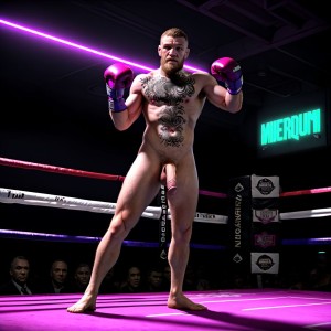 Foto muy realista texturas 8k. Conor McGregor está totalmente desnudo, tiene un pene grande, tiene testículos grandes y con vello. Está totalmente desnudo de cuerpo entero. Tiene mucho vello en el pecho, piernas y brazos. Está en un gimnasio de boxeo rodeado de boxeadores totalmente desnudos boxeando entre ellos. Amor y pasión.