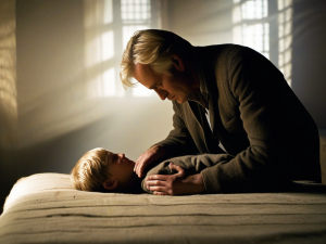 Mature man rubbing the dead body of a young blond boy