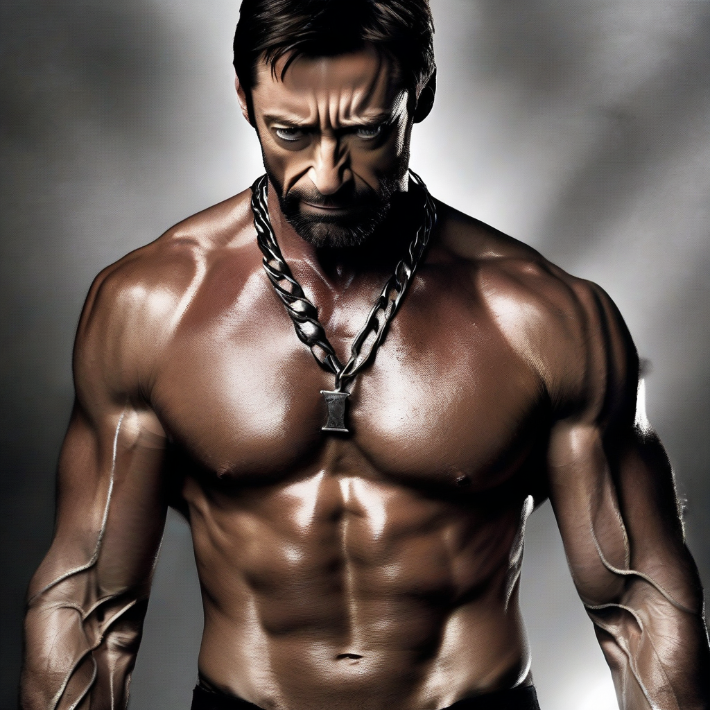 Muéstrame una foto de Hugh Jackman usando un collar de esclavo mientras recibe latigazos y tiene marcas en la espalda por los azotes fuertes