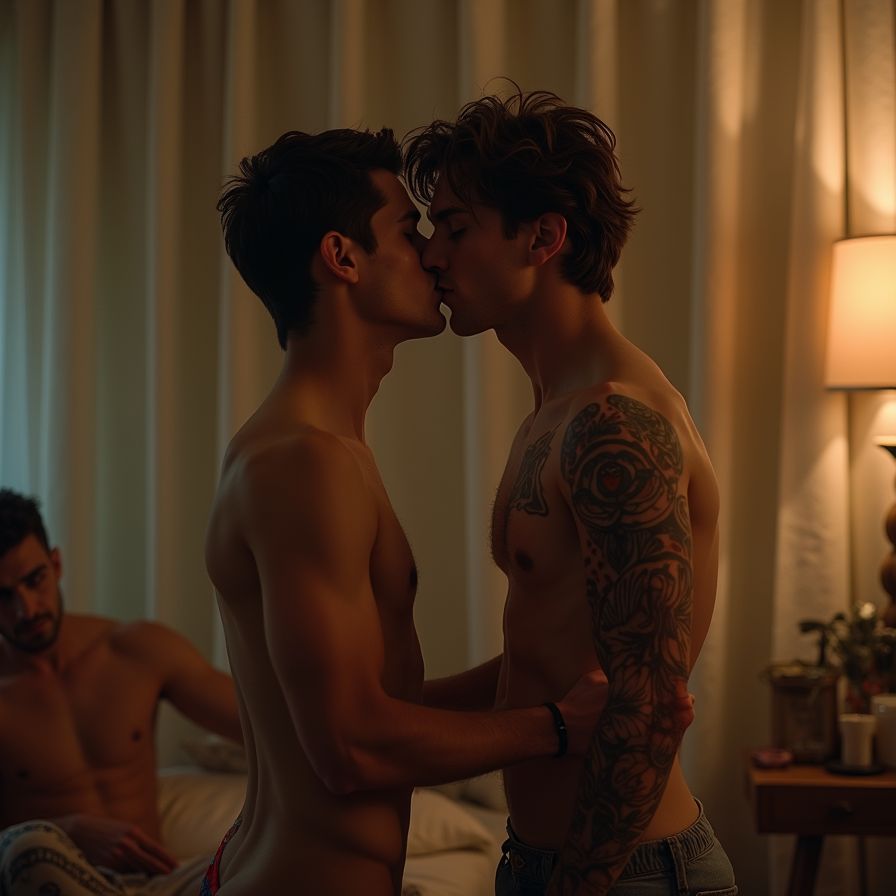 Un dormitorio sutilmente iluminado donde una pareja gay ha invitado a un joven twink de piel suave y cuerpo esbelto a compartir su intimidad. Uno de los hombres de la pareja, de complexión musculosa y tatuajes intrigantes, se besa apasionadamente con el twink, sus labios explorando suavemente cada rincón. El twink, con mirada traviesa y cabello desordenado, responde al beso con entusiasmo, sus cuerpos apenas cubiertos por la ropa que apenas oculta sus intenciones. El otro miembro de la pareja, con mirada de deseo y ligeramente tembloroso, observa la conexión desde una silla cercana, con una mezcla de curiosidad y expectación, disfrutando del espectáculo íntimo que se desarrolla ante sus ojos. Detalles sutiles revelan el ambiente cargado de sensualidad y deseo, donde cada gesto es una invitación a lo inexplorado.