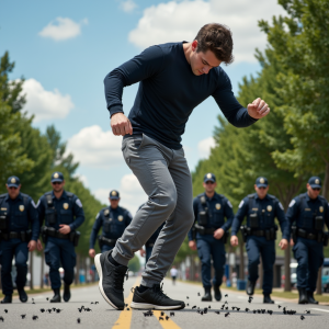 hombre masivo gigante de 22 años vestido en chandal y zapatillas nike aplastando a un grupo de hombres diminutos policias