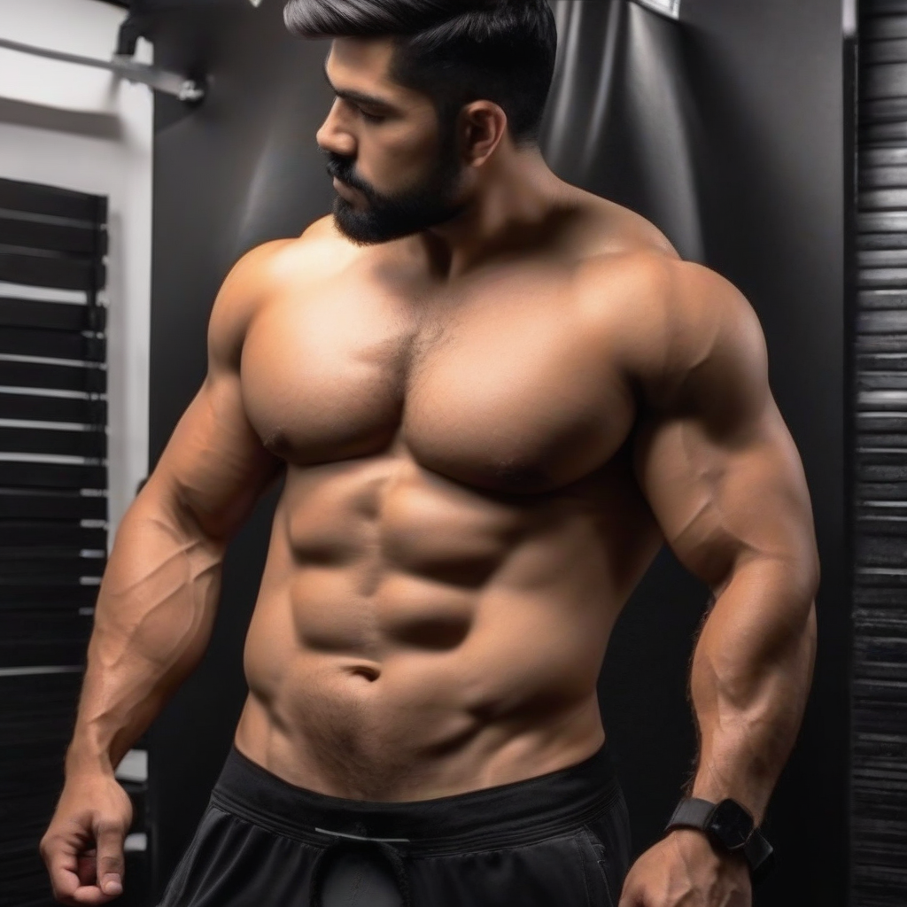 hombre sumiso de frente, cuerpo completo, brazos fuertes, pecho muy peludo, pene pequeño