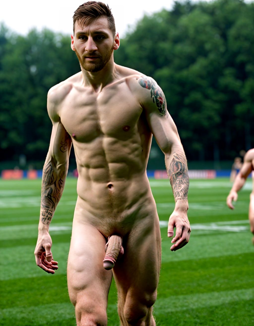 Lionel Andrés Messi Cuccittini está totalmente desnudo. Tiene pene bonito y grande. Tiene los testículos grandes y bonitos. Está de pie en el césped del campo de fútbol. Está rodeado de hombres desnudos futbolistas totalmente desnudos con pene y testículos, corriendo atléticamente.