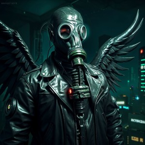 horror, gas mask, man, angel wings, flying in the sky at night, cyberpunk, digital art