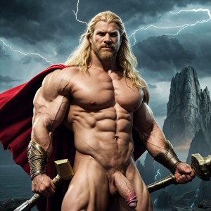 Un superhéroe inspirado en Thor, con un físico imponente y musculoso. Su cuerpo está desnudo, mostrando su pene visible mientras sostiene su martillo, Mjölnir, con una mano. El fondo presenta un paisaje épico de Asgard, con cielos oscuros y relámpagos brillando, destacando su figura heroica. Su cabello rubio largo y desaliñado ondea al viento, y su expresión refleja poder y determinación.