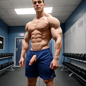 A muscular man standing in the gym locker room, his impressive physique glistening under the fluorescent lights. His strong muscles are highlighted as his body remains relaxed, conveying both strength and serenity. The environment is typical of a gym locker room, with lockers lining the walls and benches scattered around. The man's confident stance adds to the overall sense of power and athleticism in the scene, his penis visible.