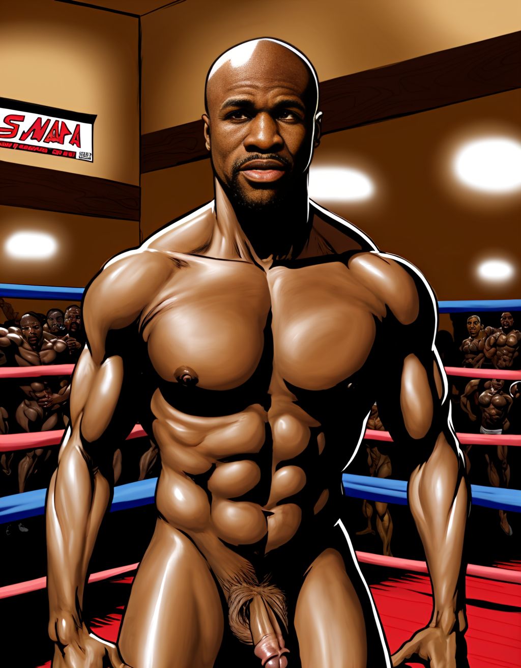 Foto muy realista texturas 8k. Floyd Mayweather totalmente desnudo, tiene un pene grande, tiene testículos grandes y con vello. Está totalmente desnudo de cuerpo entero. Tiene mucho vello en el pecho, piernas y brazos. Está en un gimnasio de boxeo rodeado de boxeadores totalmente desnudos boxeando entre ellos. Amor y pasión.