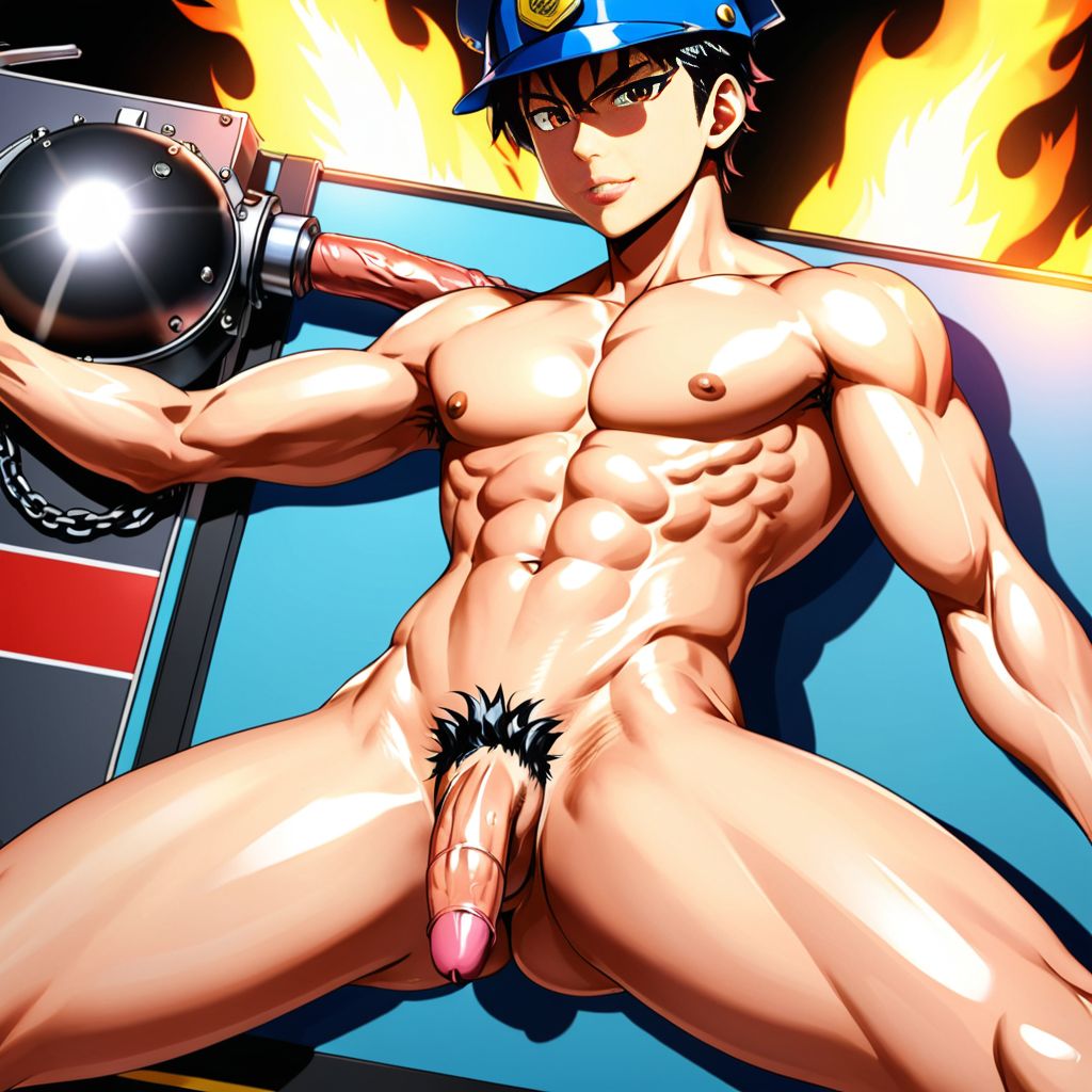 Bombero desnudo, pene visible, (anime)