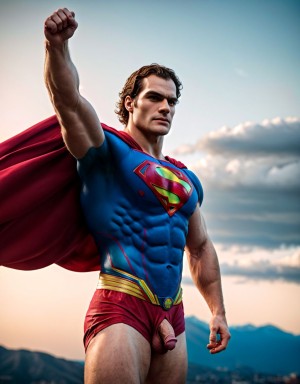 Henry Cavill está totalmente desnudo y musculoso y volando. Tiene un pene grande. Tiene dos testículos grandes. Tiene vello en el pecho y tiene vello en los brazos. Tiene mucho vello y pelo. Foto muy realista texturas 8k. Está ambientado volando por el aire. Superman volando por los aires.