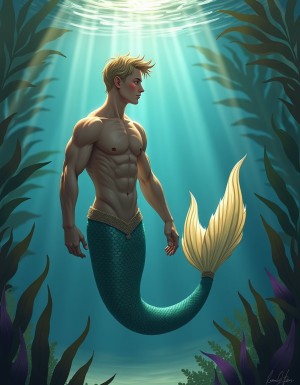 Style: fantasy. A handsome muscled mermaid with short hair with a colorful and iridescent tail. He swims in an underwater kelp forest, hair floating weightlessly behind him, as sunlight from the surface streams down and dapples the surroundings.