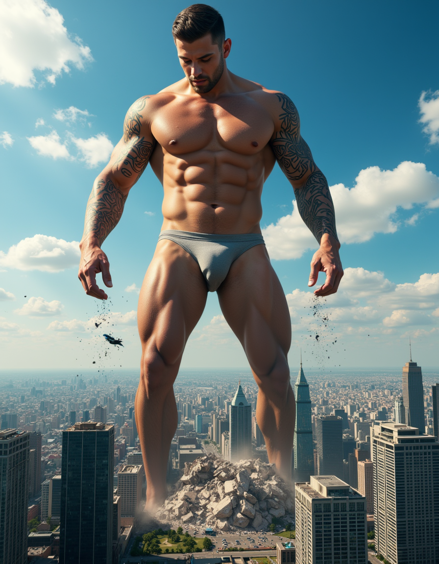 A massive, muscular 25-year-old man towering over a densely packed modern city. His body is extremely defined with visible abs, powerful legs, and large arms covered in tribal tattoos. He is wearing only a fitted brief-style underwear, emphasizing his muscular physique. The giant is actively crushing skyscrapers beneath his feet, with debris flying into the air as his immense size causes destruction. Tiny cars and people are scattered below, emphasizing the scale of his size. The lighting is dynamic, with sunlight casting dramatic shadows on his body and the buildings. The scene is cinematic, with a mix of realism and epic proportions, featuring a vivid, detailed cityscape with scattered clouds in the background. Macrophilia.