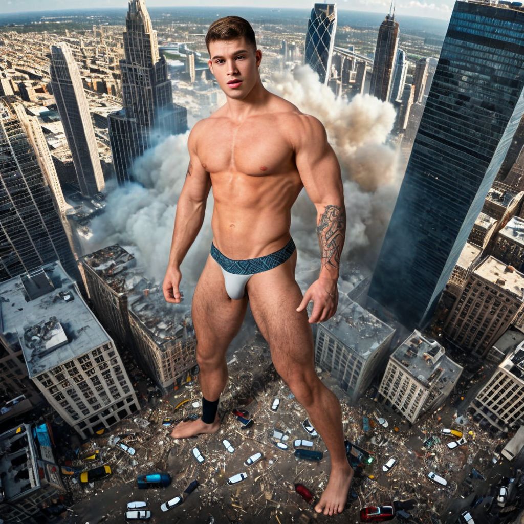 Gay macrophilia. A massive, muscular 25-year-old man towering over a densely packed modern city. His body is extremely defined with visible abs, powerful legs, and large arms covered in tribal tattoos. He is wearing only a fitted brief-style underwear, emphasizing his muscular physique. The giant is actively crushing skyscrapers beneath his feet, with debris flying into the air as his immense size causes destruction. Tiny cars and people are scattered below, emphasizing the scale of his size. The lighting is dynamic, with sunlight casting dramatic shadows on his body and the buildings. The scene is cinematic, with a mix of realism and epic proportions, featuring a vivid, detailed cityscape with scattered clouds in the background.