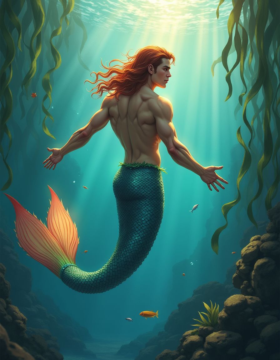 Style: fantasy art. A handsome mermaid with a colorful and iridescent tail. He swims in an underwater kelp forest, hair floating weightlessly behind him, as sunlight from the surface streams down and dapples the surroundings.