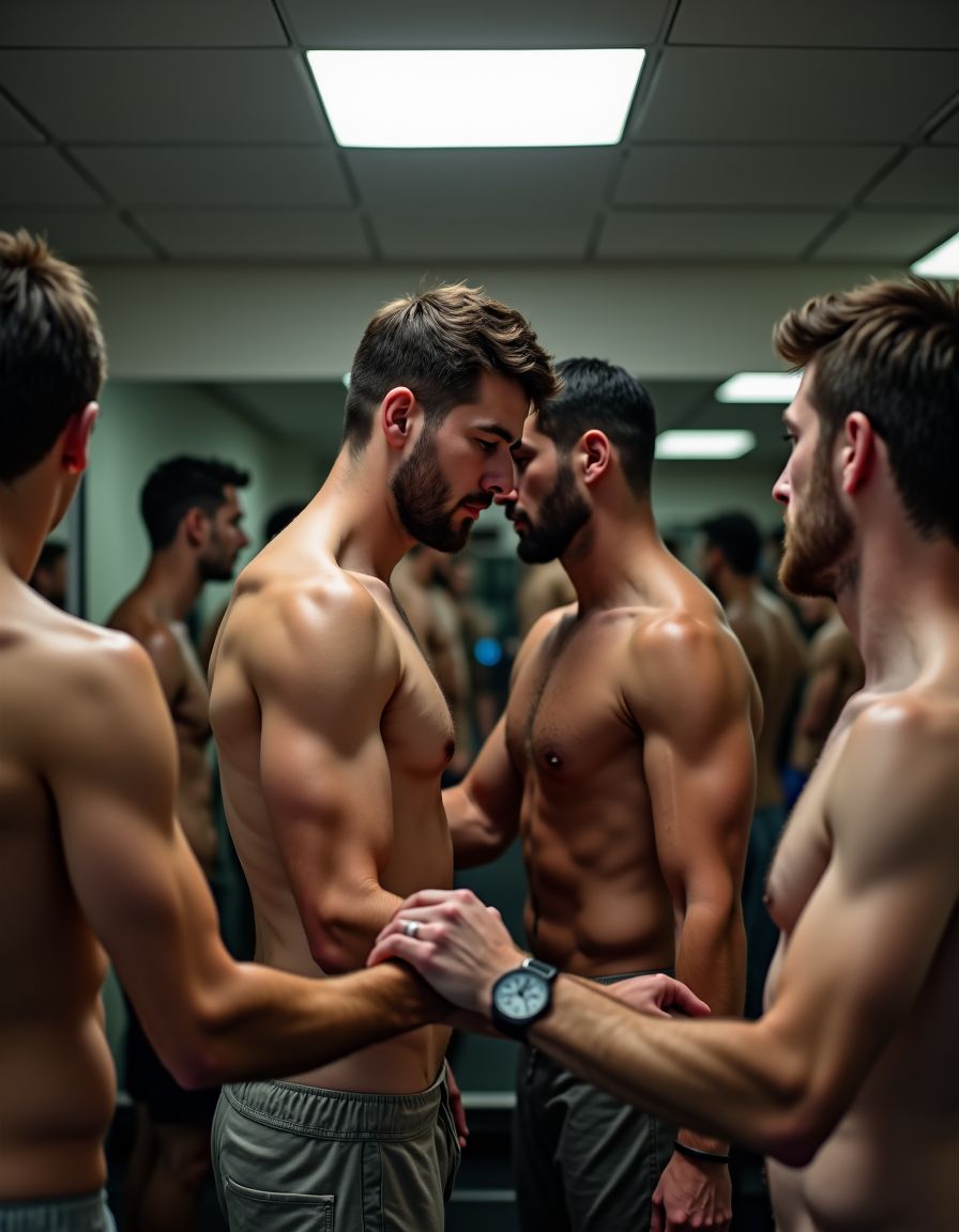 **POV: Dentro de un gimnasio, el aire está impregnado de un aroma a masculinidad intensificada por el sudor. Varios hombres se han congregado, todos completamente desnudos, sus cuerpos esculpidos reflejando la luz tenue que ilumina el entorno. El sonido de las risas y los susurros se mezcla con el ligero eco del choque de pieles, generando una atmósfera de expectativa y deseo palpable.****Algunos están en el área de pesas, pero no para levantar pesos, sino para entrelazarse con sus fieles compañeros, sus músculos tensándose y relajándose con cada movimiento rítmico. Otros han encontrado espacio sobre las colchonetas, donde la elasticidad de sus cuerpos se exhibe con maestría, explorando cada rincón de placer con una cadencia sincronizada. La diversidad de cuerpos se celebra, desde el más esculpido hasta el más tierno, todos unidos en una danza íntima dónde reinan las sensaciones intensas y placenteras.****Los espejos que rodean las paredes reflejan la escena desde todos los ángulos, multiplicando y exacerbando la visión de los cuerpos entrelazados. Lleno de energía cruda y pura entrega, el gimnasio se convierte en el escenario perfecto para este encuentro libidinoso y desinhibido, donde la desnudez y el deseo son los verdaderos protagonistas.**