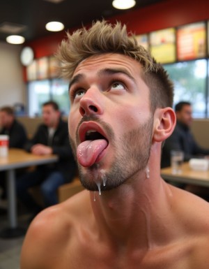 Handsome 25 year-old man looking up after a blowjob, face covered in sperm, handsome, thick muscular neck, tongue out, very surprised look, blonde hair, thick black eye brows, blush, in a mc donalds restaurant, employees are laughing of him, bokeh, very light stubble, cum on tongue, cum on cheeks, cum dropping off left eyebrow, blowjob, view from above