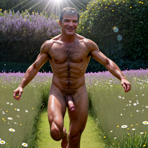 António Banderas desnudo con un bonito pene grande y testículos grandes y peludos. Está de pie andando por un jardín de margaritas. Salta de felicidad abriendo las pierna, está feliz de haber ganado el premio del Oscar al mejor actor, la luz del Sol ilumina todo su cuerpo.