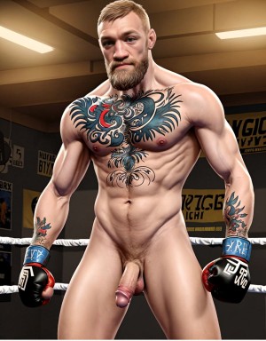 Foto muy realista texturas 8k. Conor McGregor está totalmente desnudo, tiene un pene grande y bonito, tiene testículos grandes y con vello. Está totalmente desnudo de cuerpo entero. Tiene mucho vello en el pecho, piernas y brazos. Está en un gimnasio de boxeo rodeado de boxeadores totalmente desnudos boxeando entre ellos. Amor y pasión.