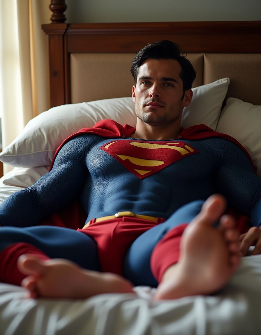 Superman lounging in bed, his muscular physique relaxed, wearing only his signature red cape around his shoulders. His strong bare feet are prominently displayed, resting comfortably on the plush bedding, natural light highlighting his chiseled features, creating an intimate and inviting atmosphere.