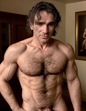 Daniel Day Lewis está totalmente desnudo. Está de pie, de cuerpo entero enseñando su bonito pene grande enorme. Tiene testículos bonitos y grandes. Tiene mucho vello en su pecho. Amor., enamorados. Rodeado de fotografías de hombres totalmente desnudos.