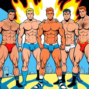 Group of men, in underwear whit socks.