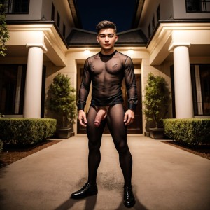 Full body shot. 23 years old man wearing sheer black shirt, penis visible, in a mansion