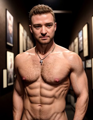 Justin Timberlake está totalmente desnudo. Está de pie, de cuerpo entero enseñando su bonito pene grande enorme. Tiene testículos bonitos y grandes. Tiene mucho vello en su pecho. Foto hiperrealista texturas 8k. Rodeado de paredes conde fotografías de hombres totalmente desnudos.