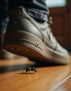 Ultra-realistic macro perspective, detailed textures, extreme size contrast fantasy scenario, tiny detailed large black ant, threatened by a giant man's sneaker about to step down, dramatic low-angle perspective emphasizing looming sneaker sole, realistic footwear details with clear sneaker sole patterns, dynamic tension-filled action scene, polished wooden floor environment, realistic shadows, soft indoor lighting, vivid high-resolution realism, storytelling image suggesting suspense and impending action.