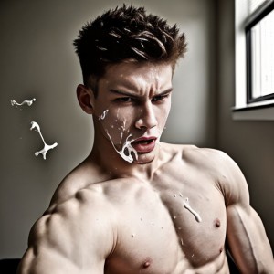 A 20 years old boy with a cum on his face ((CUM)) (((cock))) (domination)