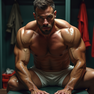 (((Masterpiece, detailed))) POV scene, a nude muscular rugby player with a rugged physique, realistic skin textures, sweat glistening on his skin. He has an intense expression, the aftermath of passion visible on his face. Locker room setting, sports gear scattered around, dynamic pose, expressive face, high-resolution rendering, emphasis on strong athletic form, sensual and dramatic mood, intense focus on the moment, detailed anatomy captured, intimate and powerful scene.