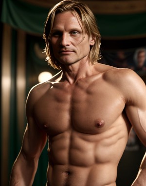 Viggo Mortensen está totalmente desnudo. Está de pie, de cuerpo entero, de perfil, enseñando su bonito pene grande enorme. Tiene testículos bonitos y grandes. Tiene mucho vello en su pecho. Foto hiperrealista texturas 8k. Rodeado de pancartas con fotos de hombres totalmente desnudos.